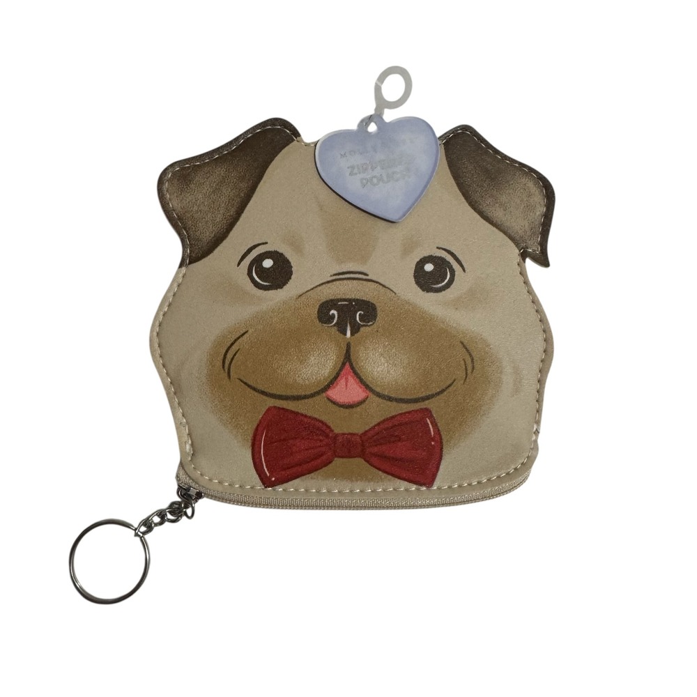 Molly & Rex Pug Dog Zippered Pouch Coin Purse Key Ring Tan Bow Tie NEW with FLAW